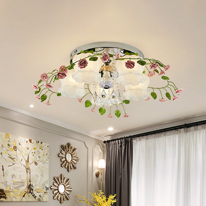 Pastoral Bloom Ceiling Light 5 Bulbs Faceted Crystal Flush Mount Fixture with White Glass Shade for Living Room