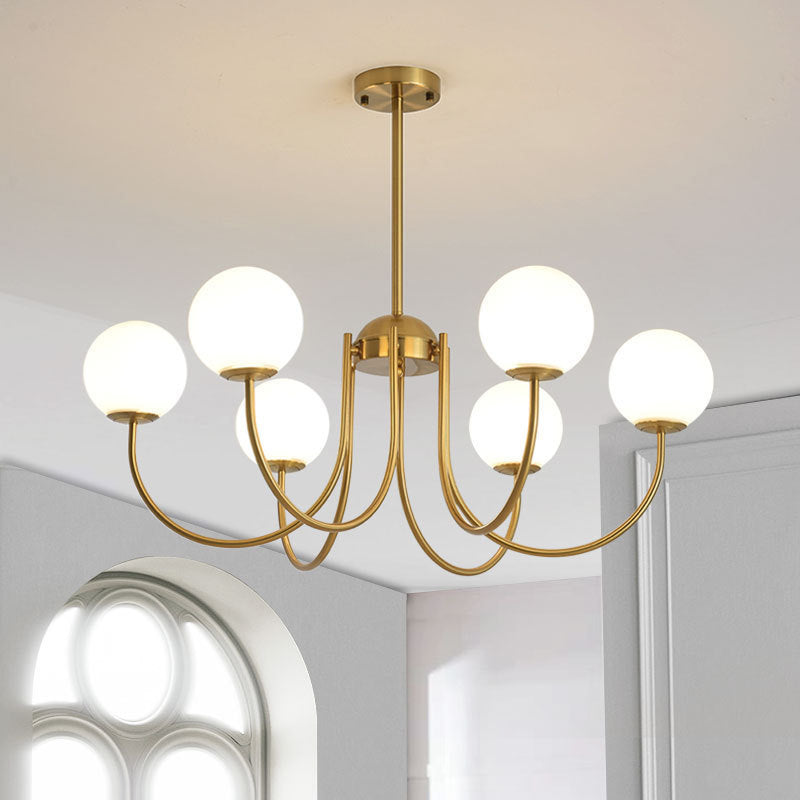 6 Heads Living Room Chandelier Lamp Modern Gold Hanging Light Kit with Orb Milk Glass Shade