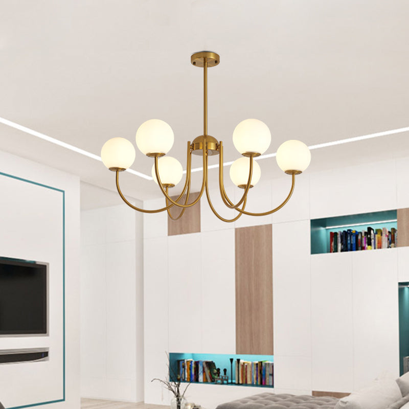 6 Heads Living Room Chandelier Lamp Modern Gold Hanging Light Kit with Orb Milk Glass Shade