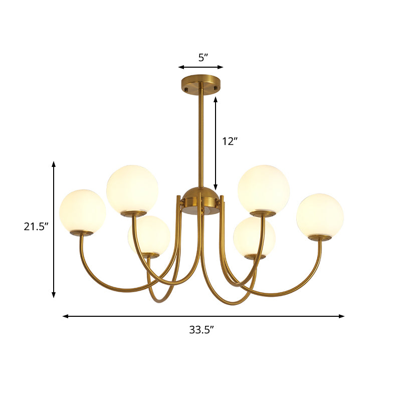 6 Heads Living Room Chandelier Lamp Modern Gold Hanging Light Kit with Orb Milk Glass Shade