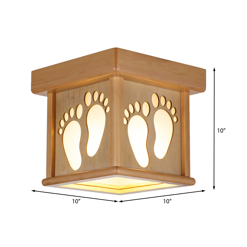 Wood Square Close to Ceiling Light Nordic 1 Light 10" W Flush Mount Light Fixture with Footprints for Dining Room