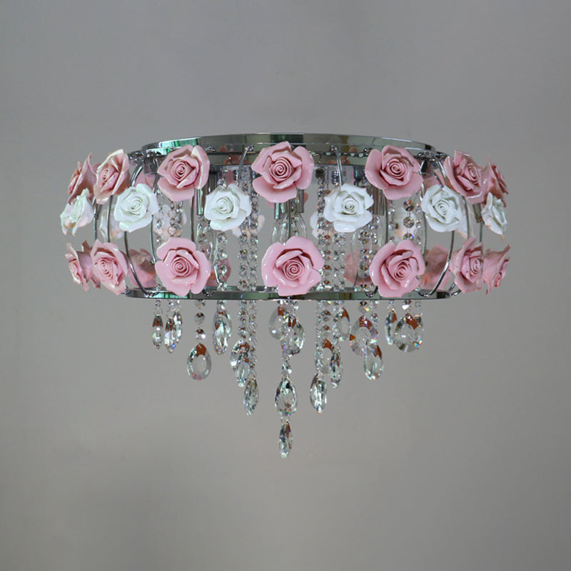 Drum Crystal Ceiling Mounted Fixture Traditional 6/8 Bulbs Living Room Flush Mount Lamp in Pink