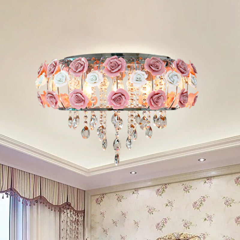 Drum Crystal Ceiling Mounted Fixture Traditional 6/8 Bulbs Living Room Flush Mount Lamp in Pink