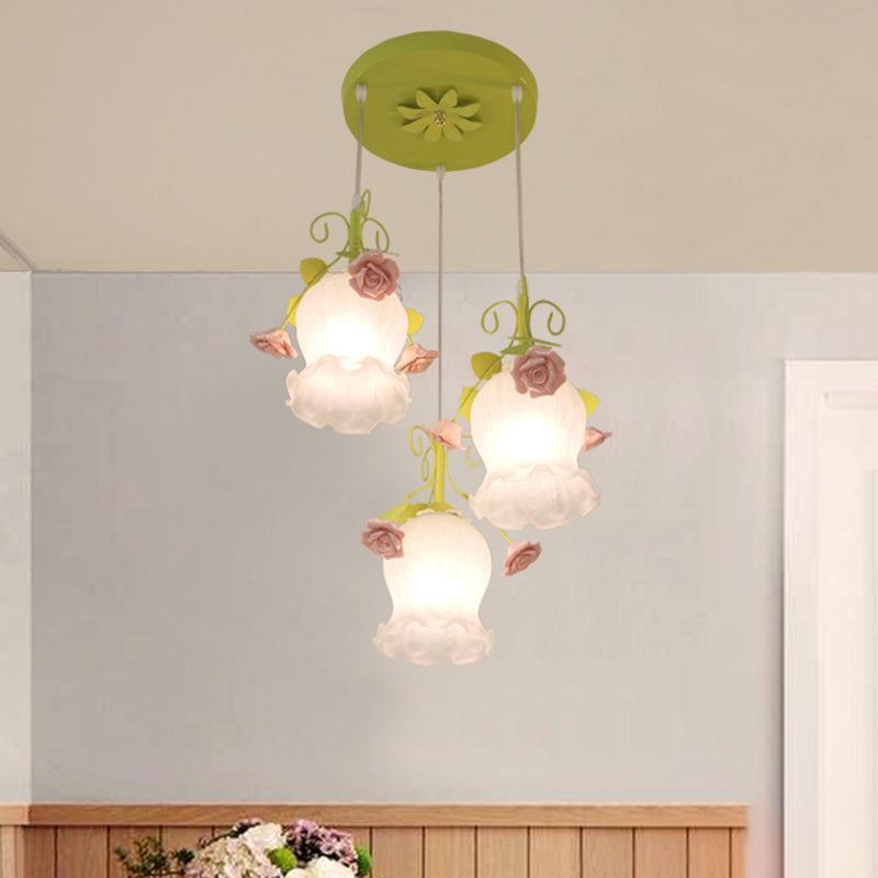 Flower Restaurant Cluster a sospensione Light Countryside Opal Glass 3 Heads Lampada bianca/verde