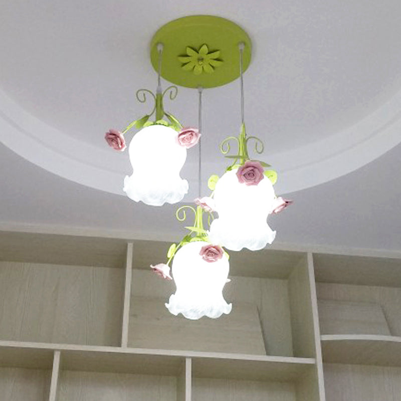 Flower Restaurant Cluster Pendant Light Countryside Opal Glass 3 Heads White/Green Hanging Lamp