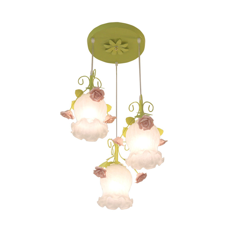 Flower Restaurant Cluster Pendant Light Countryside Opal Glass 3 Heads White/Green Hanging Lamp