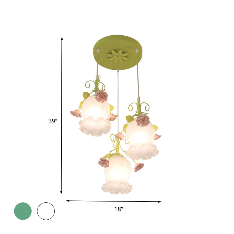 Flower Restaurant Cluster a sospensione Light Countryside Opal Glass 3 Heads Lampada bianca/verde