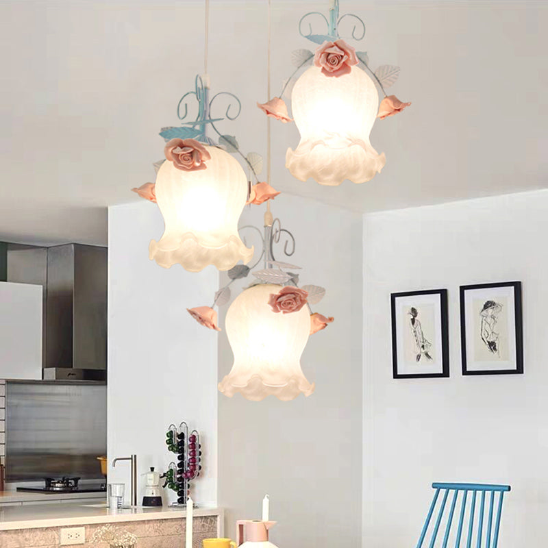 White Glass Rose Multi Light Pendant Pastoral 3 Bulbs Dining Room Suspension Lighting Fixture in Blue