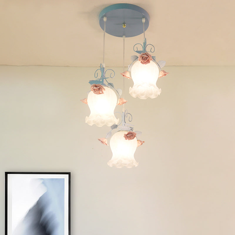 White Glass Rose Multi Light Pendant Pastoral 3 Bulbs Dining Room Suspension Lighting Fixture in Blue