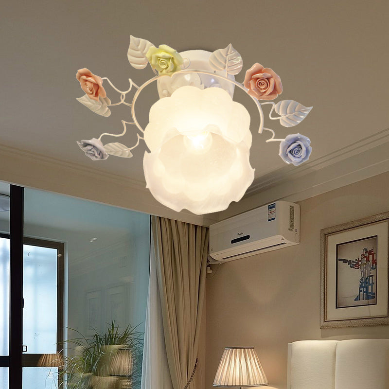 Ivory Glass Rose Ceiling Lighting Traditional 1 Head Bedroom Semi Flush Mount Light Fixture in White/Pink