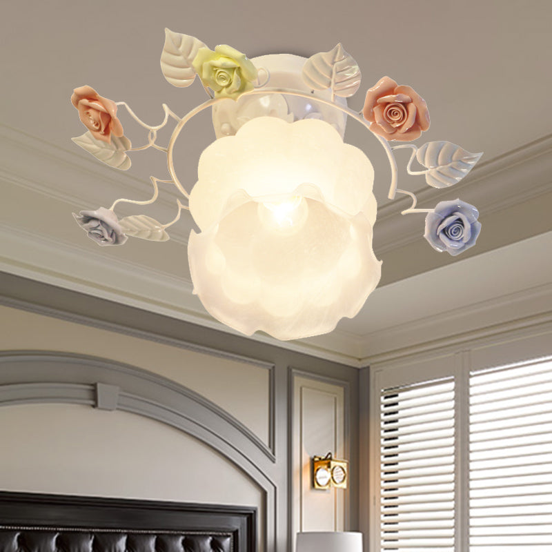 Ivory Glass Rose Ceiling Lighting Traditional 1 Head Bedroom Semi Flush Mount Light Fixture in White/Pink