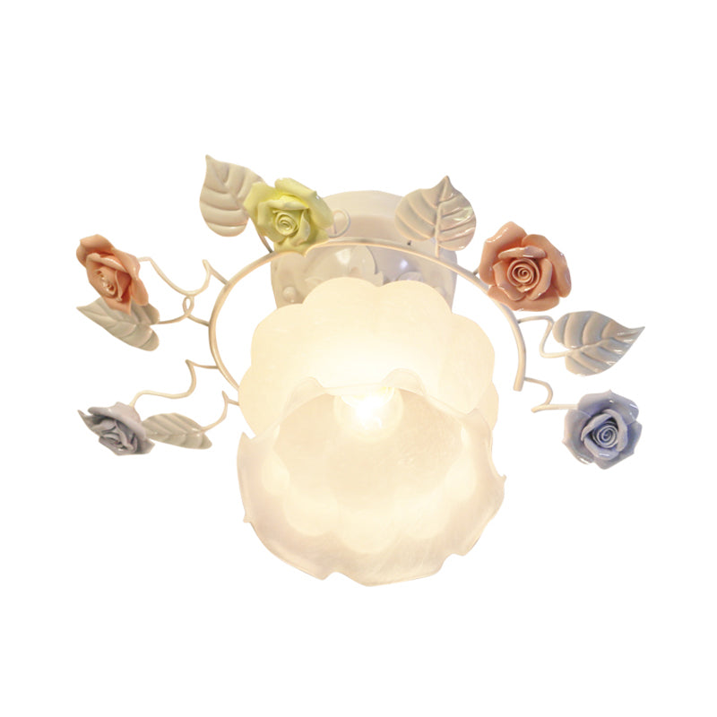 Ivory Glass Rose Ceiling Lighting Traditional 1 Head Bedroom Semi Flush Mount Light Fixture in White/Pink