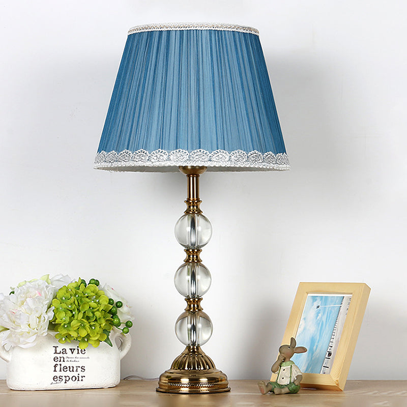 Classic Pleated Shade Night Table Light 1 Light Fabric Nightstand Lamp in Blue for Bedroom with Crystal Deco