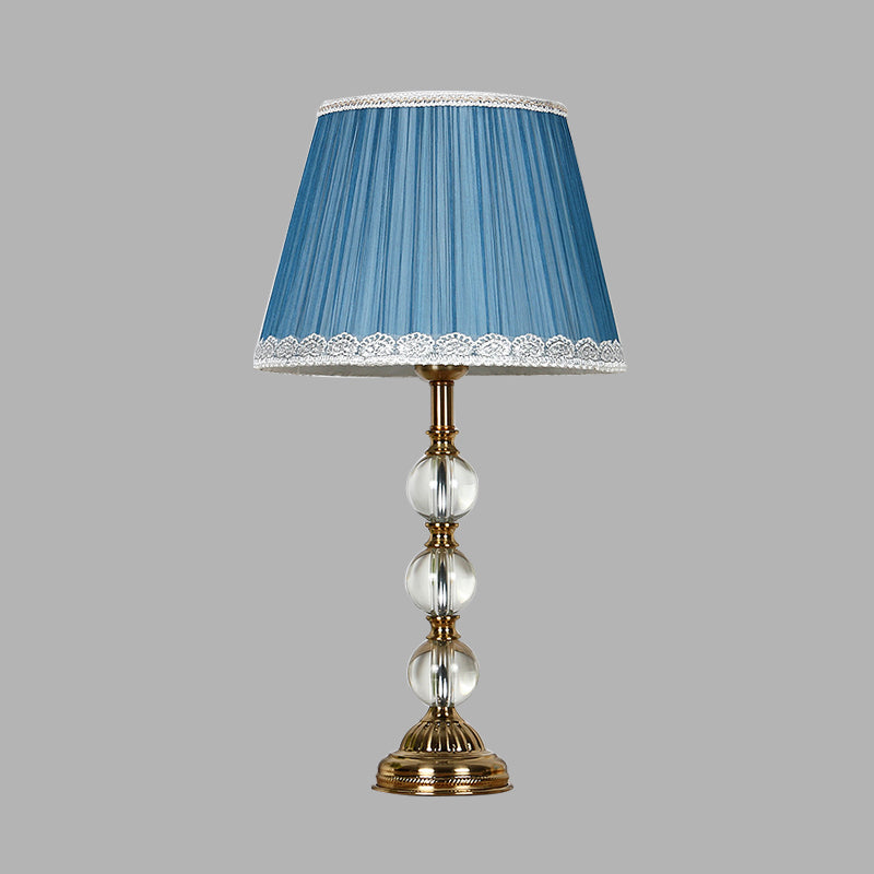 Classic Pleated Shade Night Table Light 1 Light Fabric Nightstand Lamp in Blue for Bedroom with Crystal Deco