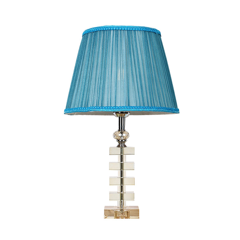 1 lumière de table de baril lampe traditionalisme en tissu bleu lumière nocturne avec base en cristal transparent