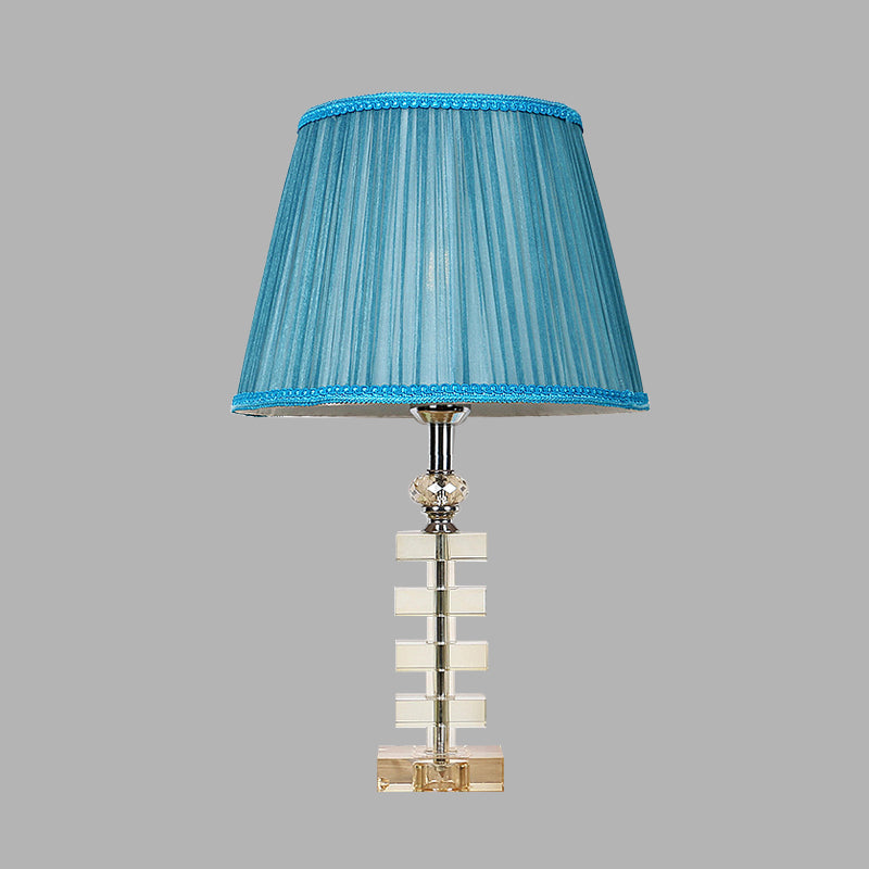 1 lumière de table de baril lampe traditionalisme en tissu bleu lumière nocturne avec base en cristal transparent