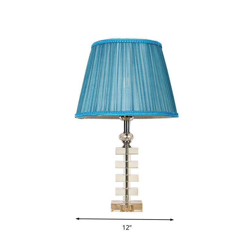 1 lumière de table de baril lampe traditionalisme en tissu bleu lumière nocturne avec base en cristal transparent