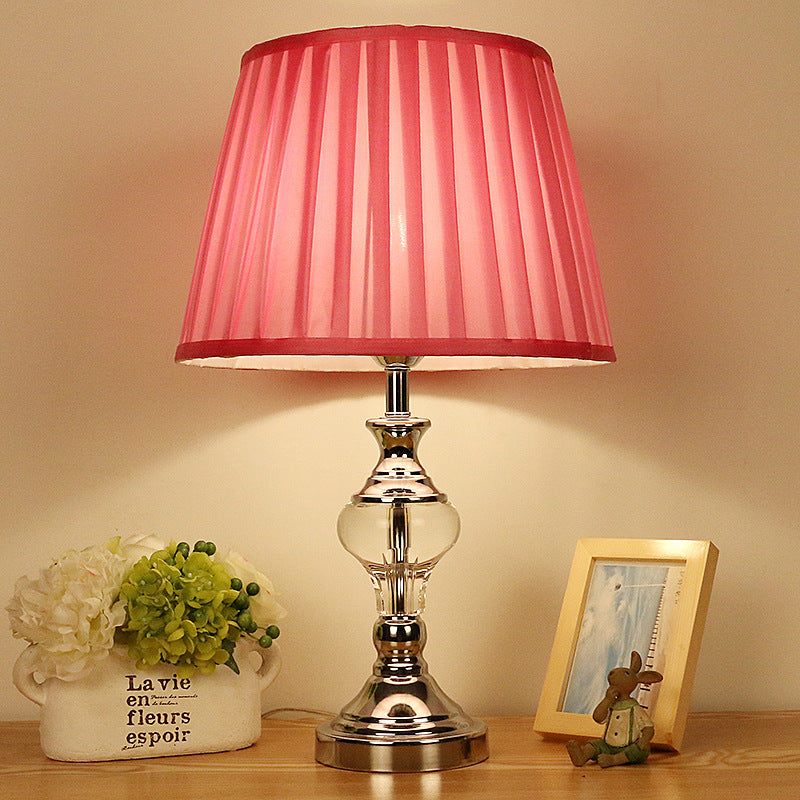 Single Bulb Fabric Night Lamp Rural Rose Red Barrel Shade Bedroom Nightstand Light with Crystal Accent