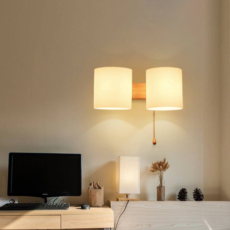 2 lampadina da letto con lampada da parete asiatica a parete asiatica con tonalità di vetro bianco cilindrico