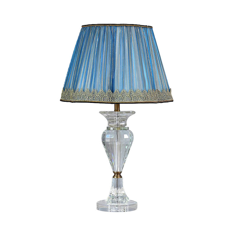 1 Light Barrel Night Table Lamp Traditional Blue Fabric Nightstand Light with Crystal Base