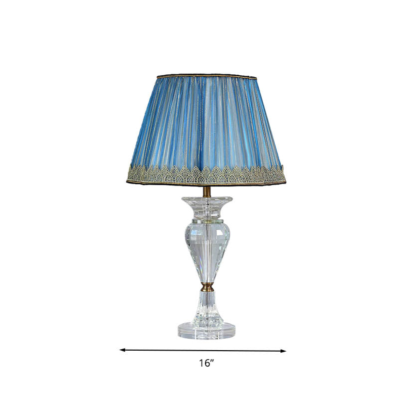 1 Light Barrel Night Table Lamp Traditional Blue Fabric Nightstand Light with Crystal Base