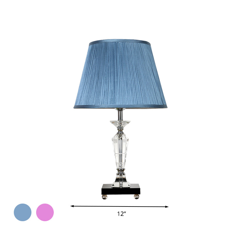 Single Bulb Night Table Light Minimalism Tapered Fabric Nightstand Lamp in Pink/Blue with Crystal Deco