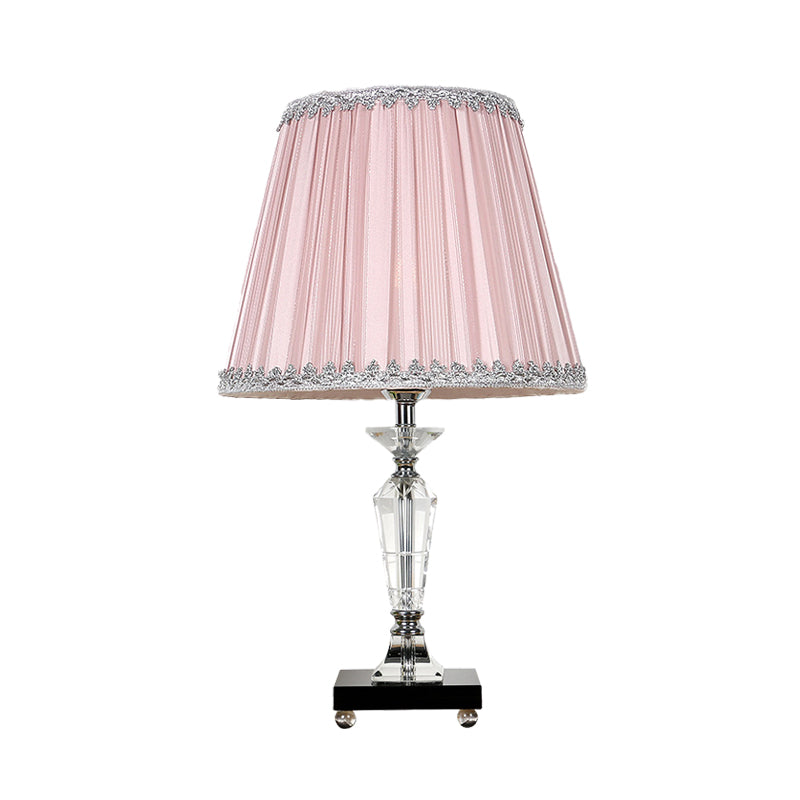 Single Bulb Night Table Light Minimalism Tapered Fabric Nightstand Lamp in Pink/Blue with Crystal Deco