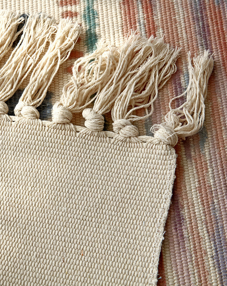 Victorian Boho-Chic Rug with Fringe Multi-Color Cotton Blend Carpet Easy Care Rug for Living Room