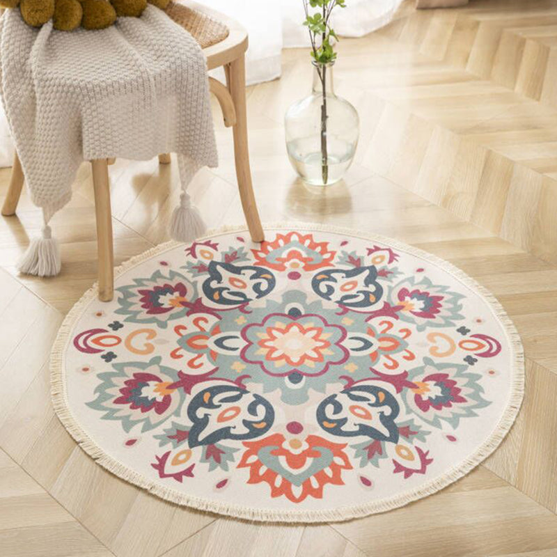 Gorgeous Floral Printed Rug Moroccan Cotton Blend Carpet Washable Carpet with Fringe for Home Decor