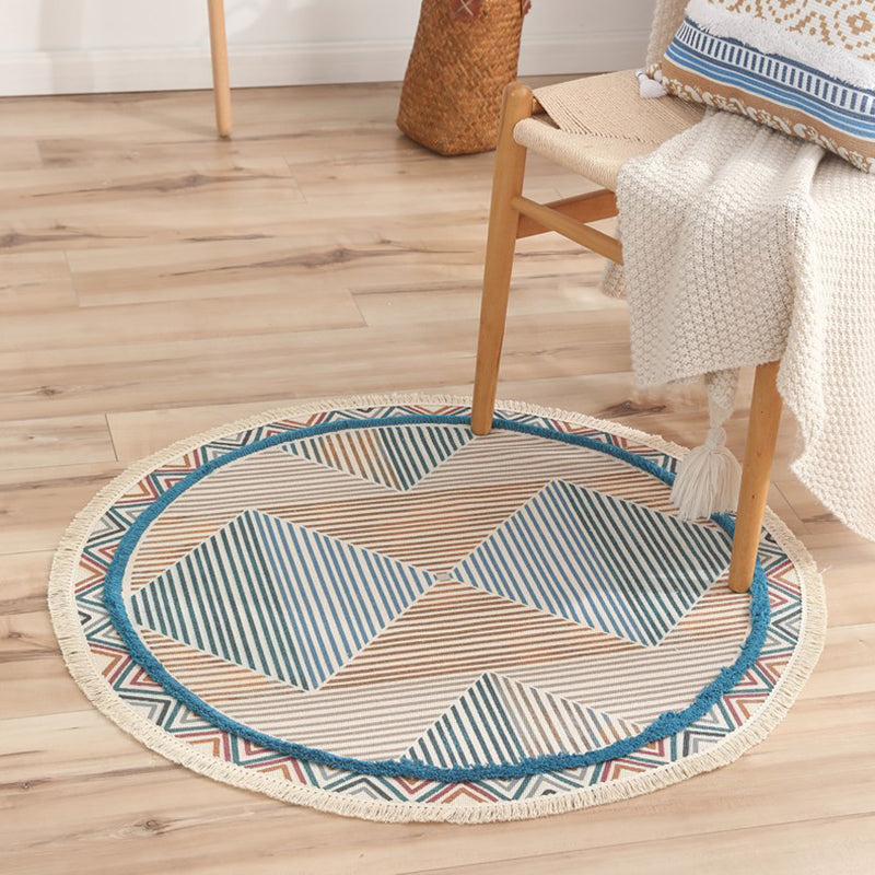 Creative Graphic Design Rug Aesthetic Round Carpet with Fringe Cotton Blend Rug for Home Decor