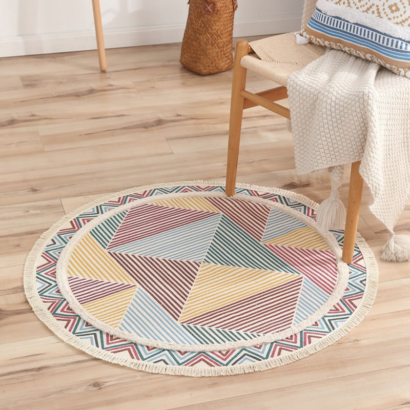 Creative Graphic Design Rug Aesthetic Round Carpet with Fringe Cotton Blend Rug for Home Decor