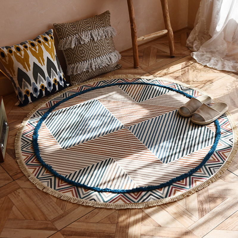 Creative Graphic Design Rug Aesthetic Round Carpet with Fringe Cotton Blend Rug for Home Decor