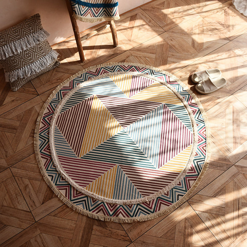 Creative Graphic Design Rug Aesthetic Round Carpet with Fringe Cotton Blend Rug for Home Decor