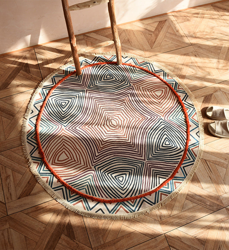 Creative Graphic Design Rug Aesthetic Round Carpet with Fringe Cotton Blend Rug for Home Decor