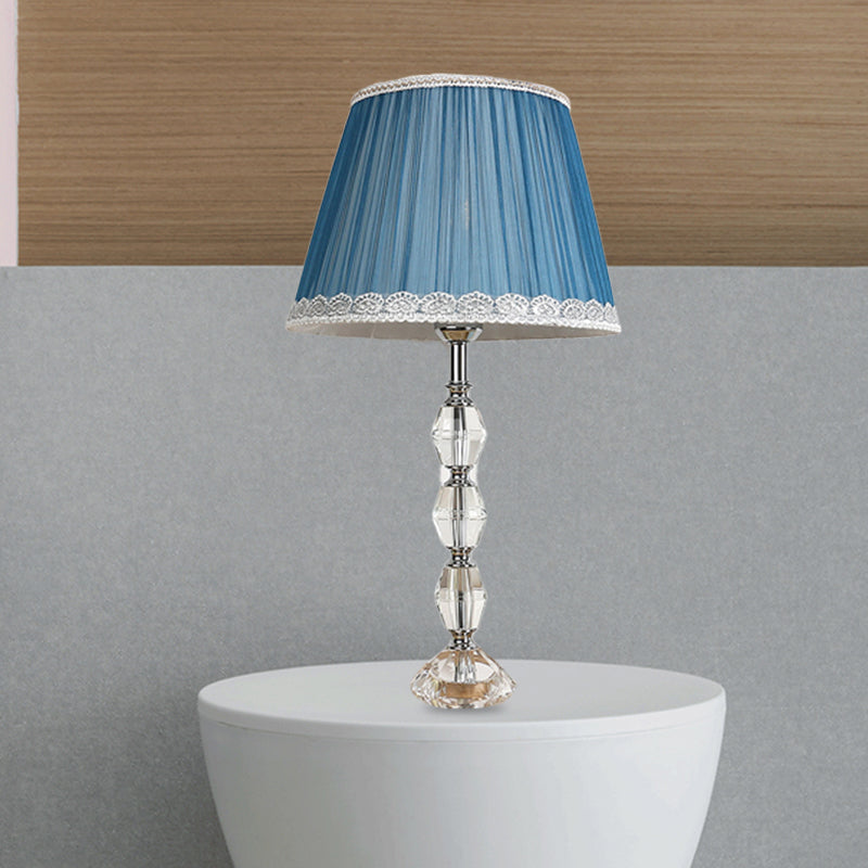 Tapered Bedroom Table Light Traditional Fabric 1 Light Blue Night Lamp with Crystal Ball Deco