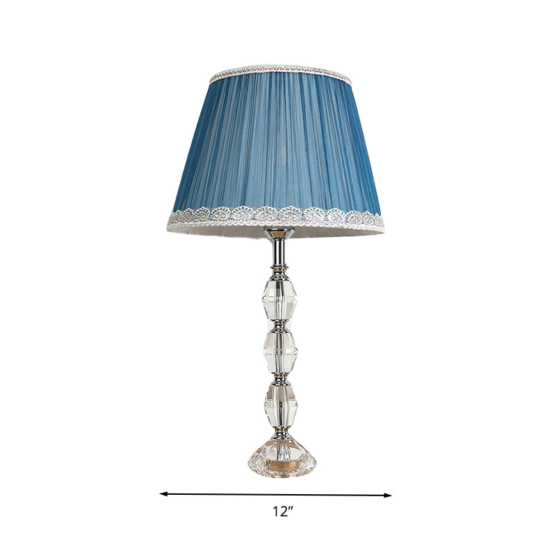 Tapered Bedroom Table Light Traditional Fabric 1 Light Blue Night Lamp with Crystal Ball Deco