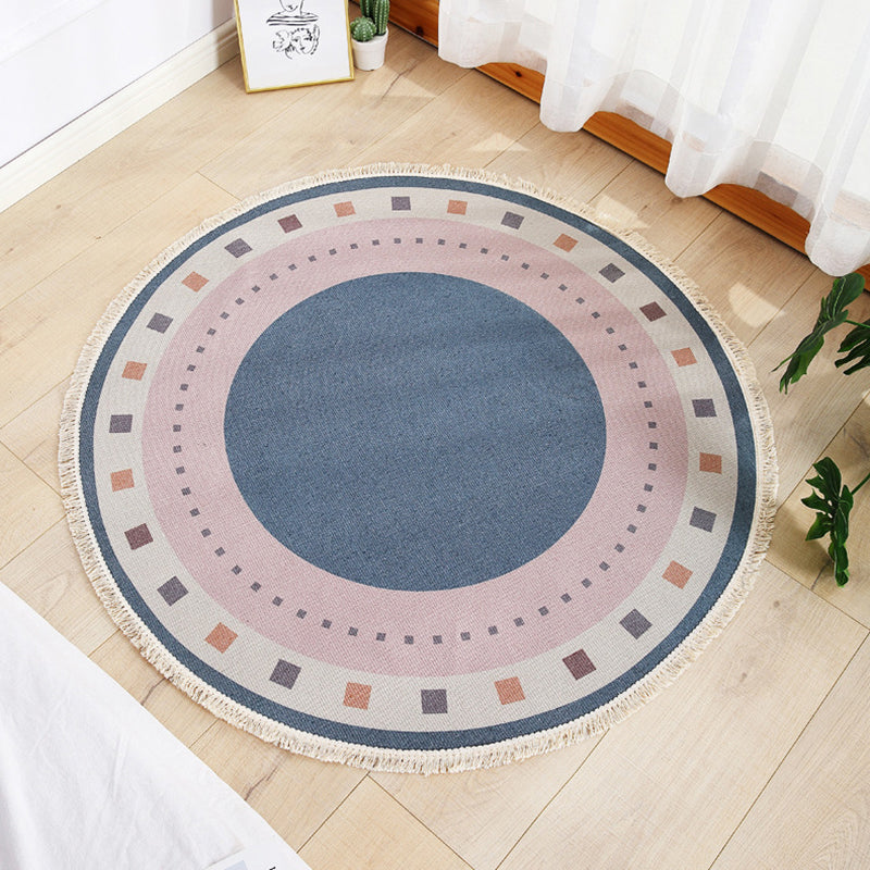 Funky Moroccan Round Rug Individuality Cotton Blend Rug Washable Carpet with Fringe for Home Decor