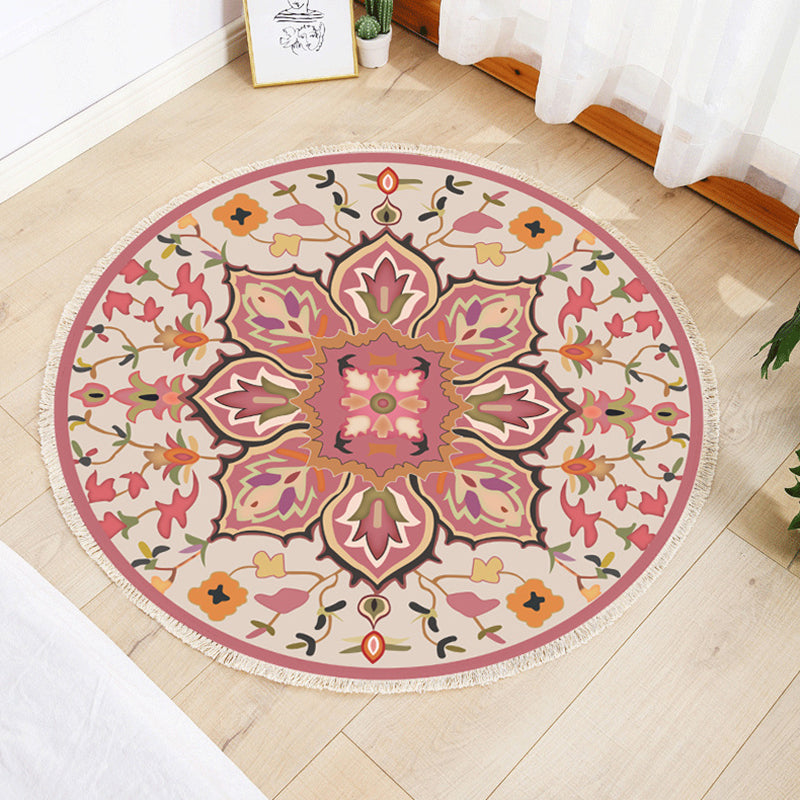 Funky Moroccan Round Rug Individuality Cotton Blend Rug Washable Carpet with Fringe for Home Decor