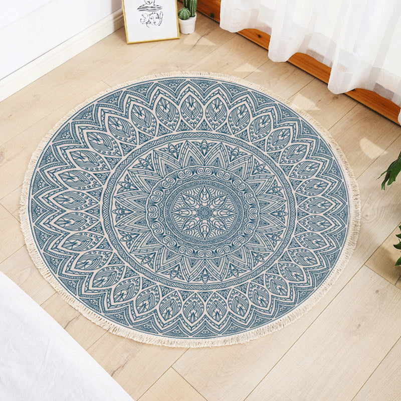 Funky Moroccan Round Rug Individuality Cotton Blend Rug Washable Carpet with Fringe for Home Decor