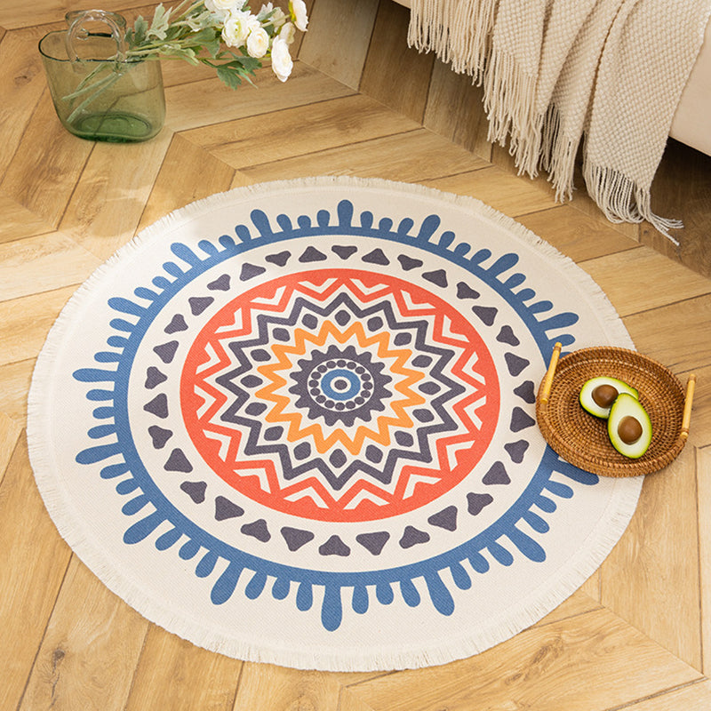 Individuality Moroccan Rug with Fringe Multicolored Round Carpet Cotton Blend Rug for Home Decor