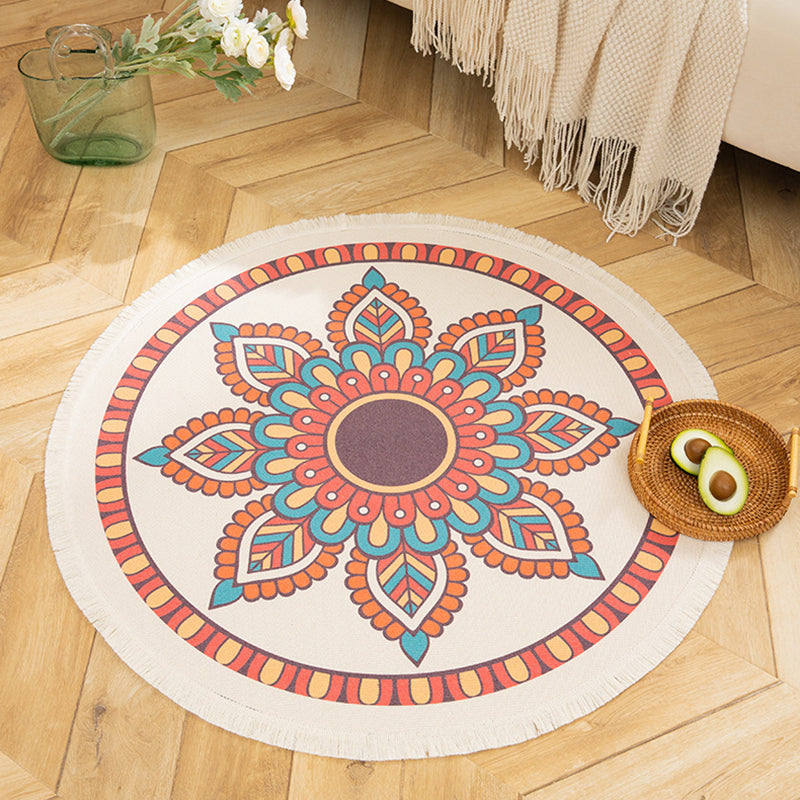 Individuality Moroccan Rug with Fringe Multicolored Round Carpet Cotton Blend Rug for Home Decor