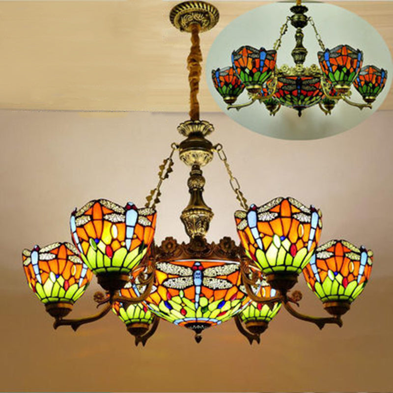 Bowl Chandelier Lighting Fixture Tiffany-Style Stained Art Glass Hanging Chandelier