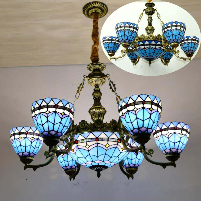 Bowl Chandelier Lighting Fixture Tiffany-Style Stained Art Glass Hanging Chandelier