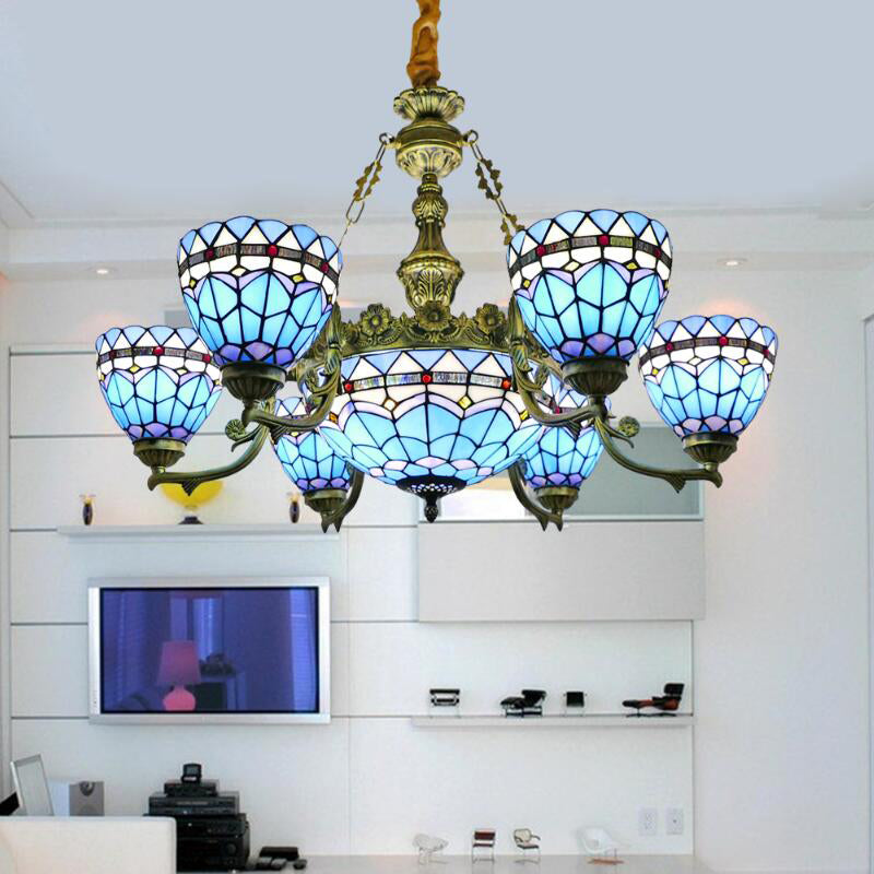 Bowl Chandelier Lighting Fixture Tiffany-Style Stained Art Glass Hanging Chandelier