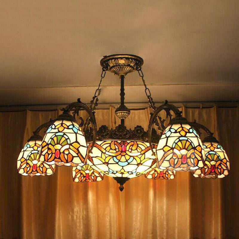 Bowl Chandelier Lighting Fixture Tiffany-Style Stained Art Glass Hanging Chandelier