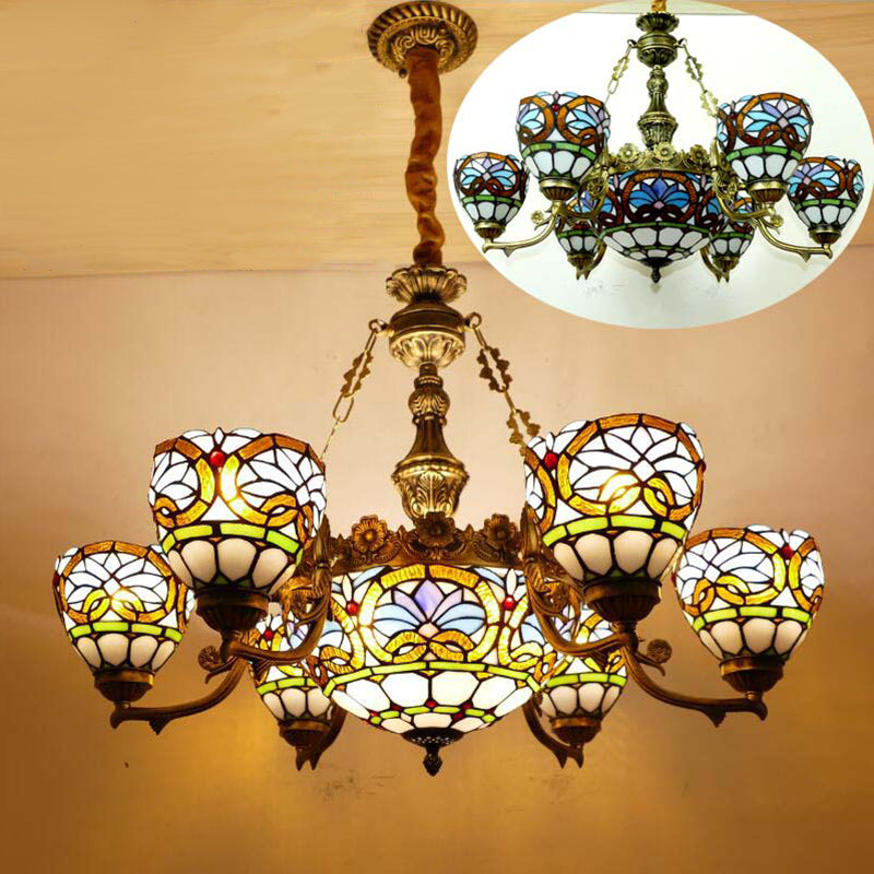 Bowl Chandelier Lighting Fixture Tiffany-Style Stained Art Glass Hanging Chandelier