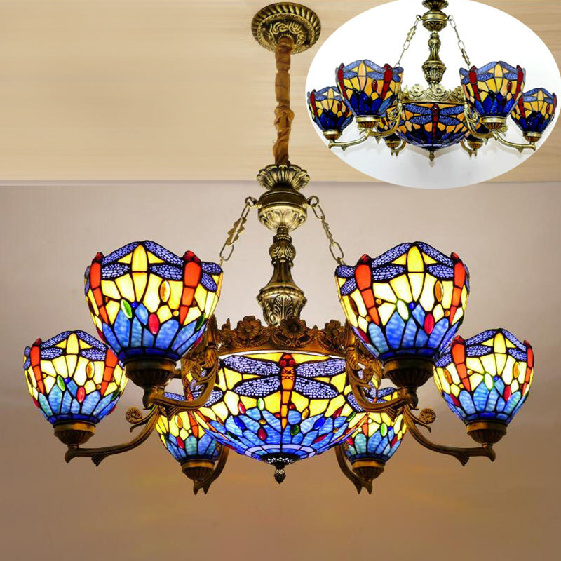 Bowl Chandelier Lighting Fixture Tiffany-Style Stained Art Glass Hanging Chandelier