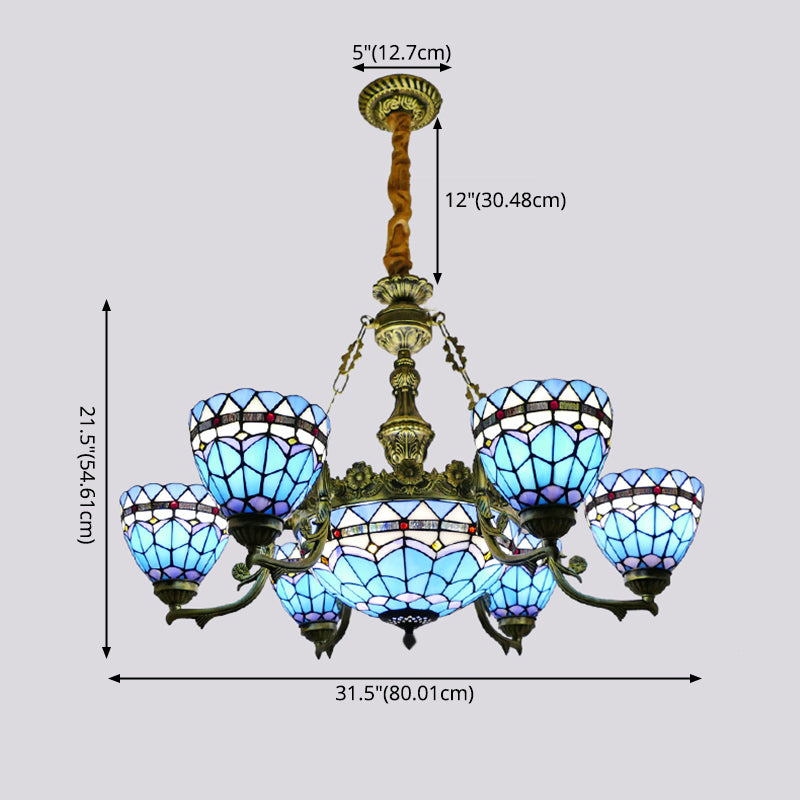 Bowl Chandelier Lighting Fixture Tiffany-Style Stained Art Glass Hanging Chandelier