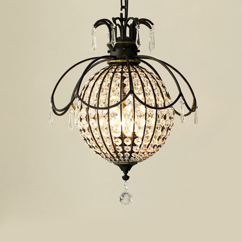 Pineapple Crystal Pendant Chandelier Vintage 3-Light Black Hanging Lamp for Dining Room