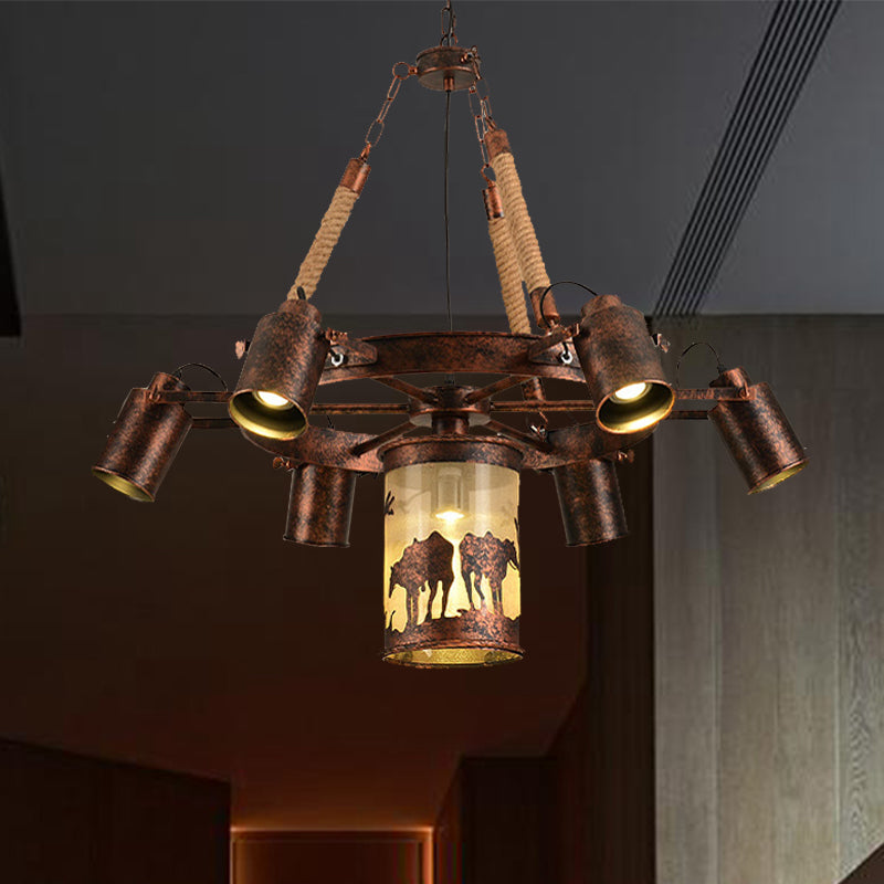 7/9 Lights Wheel Chandelier Lighting Antique Rust Metal Pendant Light Fixture for Restaurant